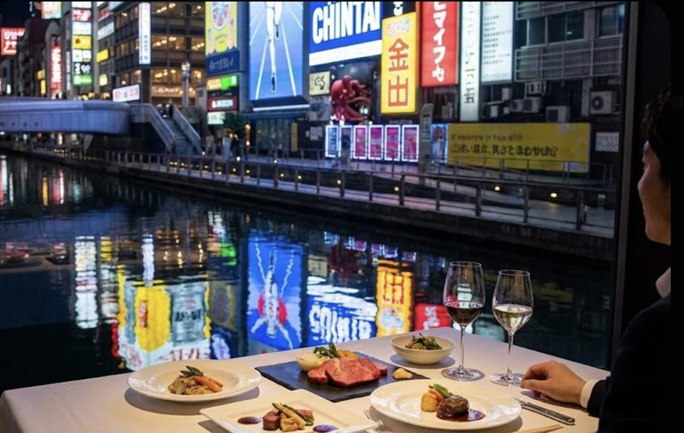 川沿いの夜景が見えるおしゃれな席