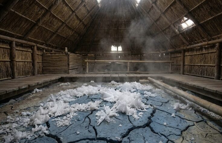 重要文化財の湯の花小屋と製造技術を見学