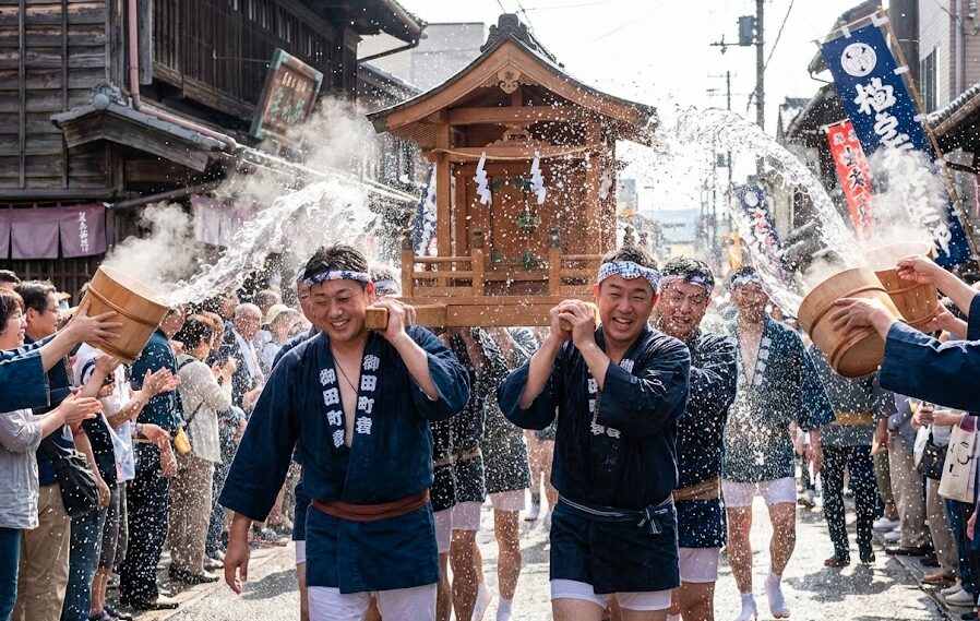 湯ぶっかけまつりで法被を着た日本人