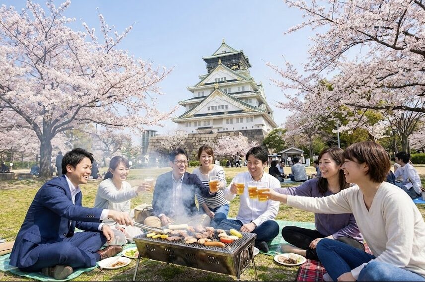 満開の桜と大阪城天守閣を背景に、公園内の芝生エリアでバーベキューを楽しんでいる