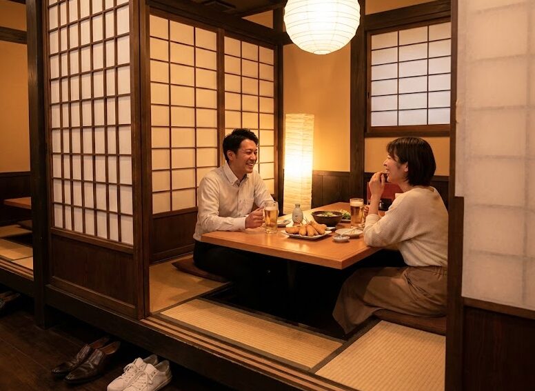 落ち着いた個室居酒屋で食事を楽しむ30代の日本人カップル
