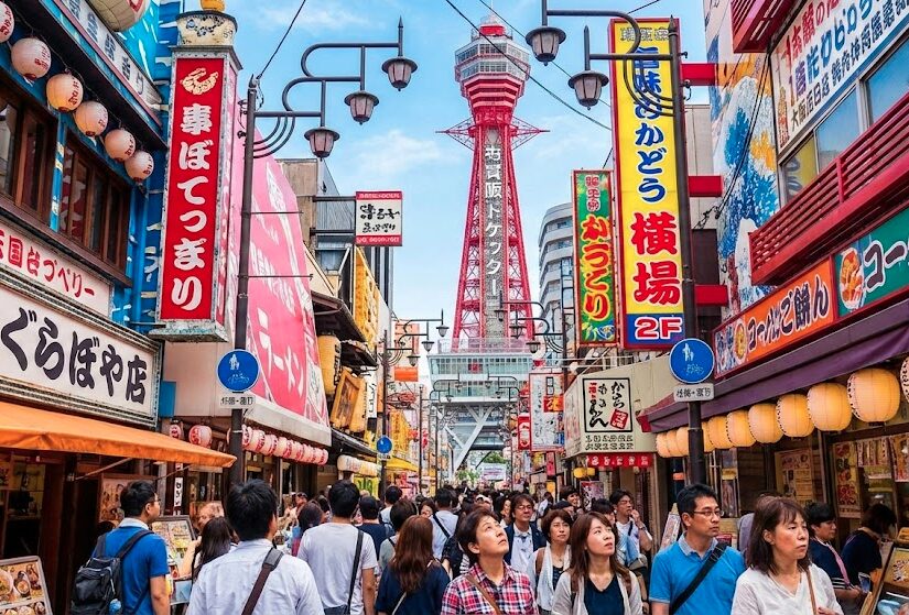 新世界の街並みと通天閣を見上げる日本人観光客の活気ある写真