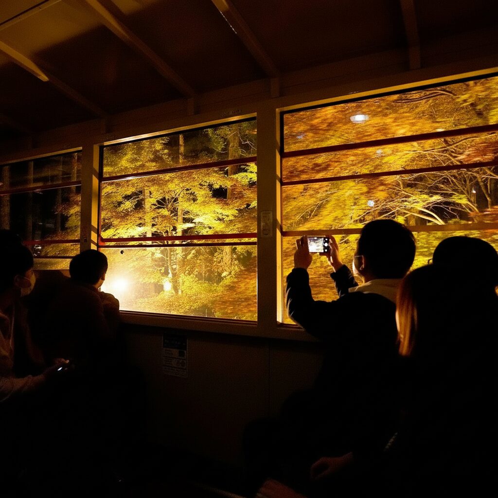 紅葉 ライトアップ　列車内