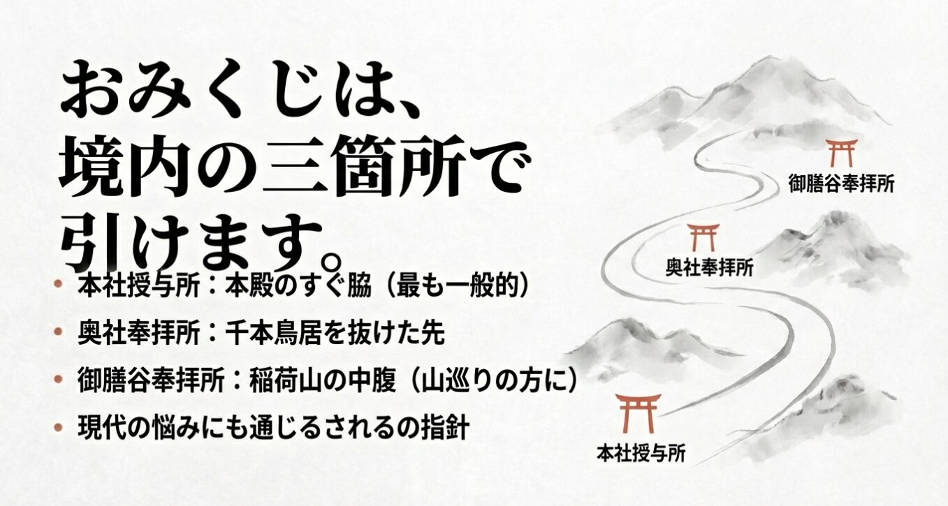 おみくじは境内の三箇所で引けます。本社授与所、奥社奉拝所、御膳谷奉拝所のマップ