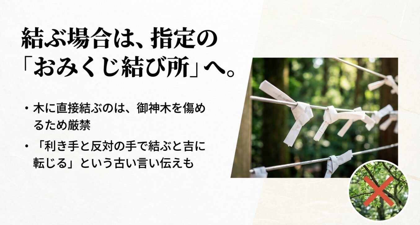 結ぶ場合は指定のおみくじ結び所へ。木に直接結ぶのは御神木を傷めるため厳禁です