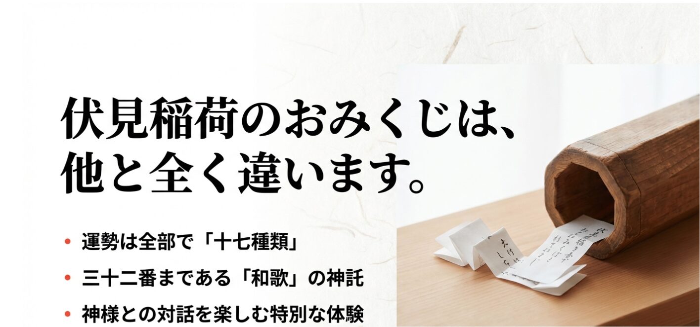 伏見稲荷のおみくじは他と違い、運勢は全部で十七種類、三十二番まである和歌の神託です