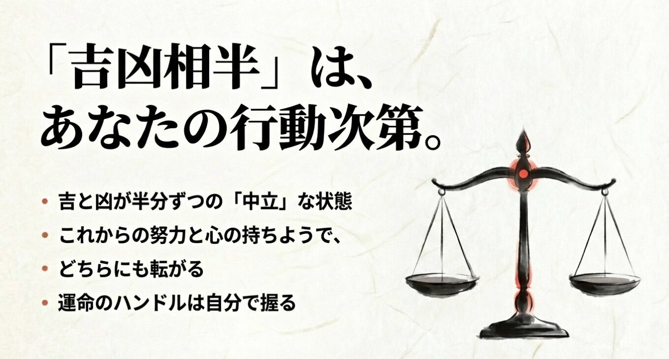 「吉凶相半」はあなたの行動次第。吉と凶が半分ずつの状態で、運命のハンドルは自分で握ります