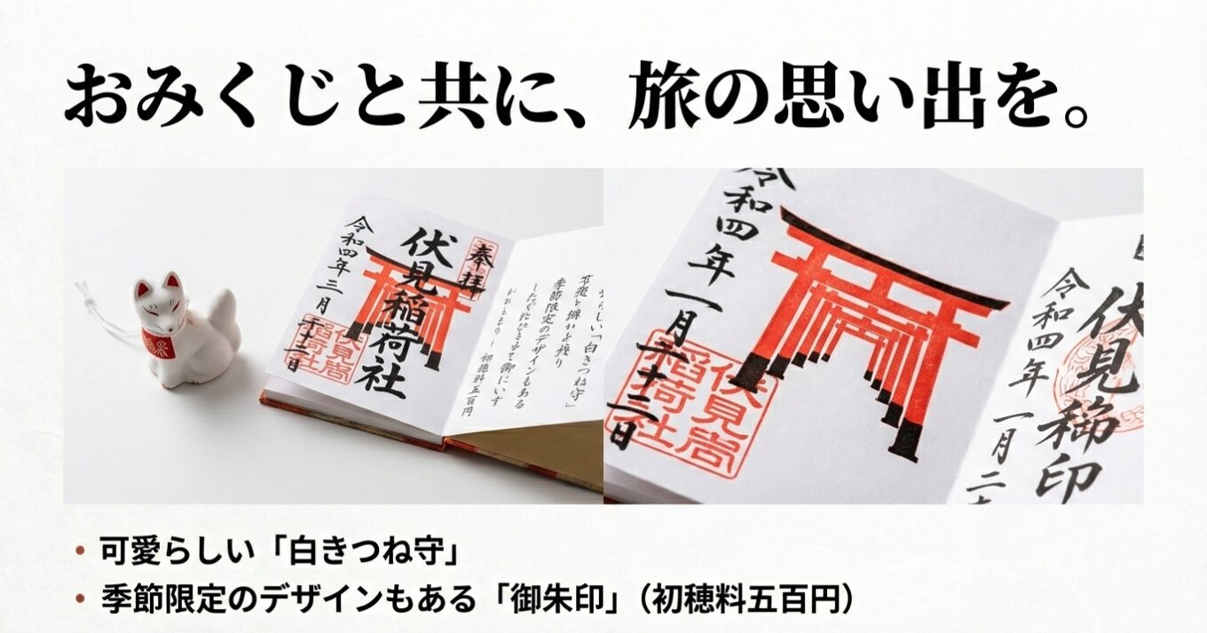 おみくじと共に旅の思い出を。可愛らしい白きつね守や御朱印